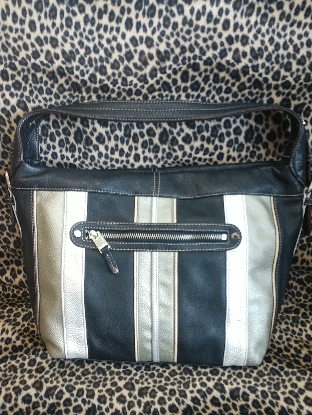 Tignanello Black and Silver Leather Messenger Bag
